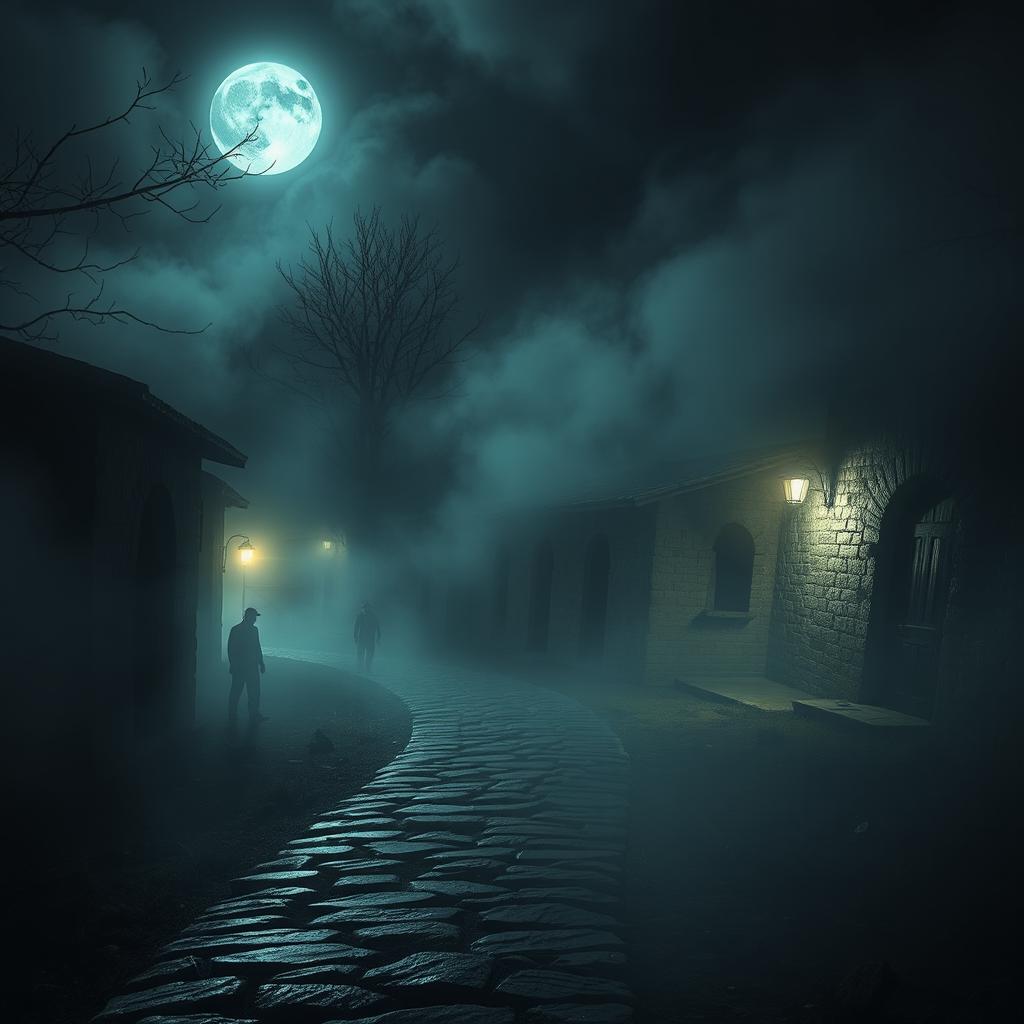 A haunting night scene of an old abandoned village shrouded in a dense, eerie fog, creating a chilling atmosphere