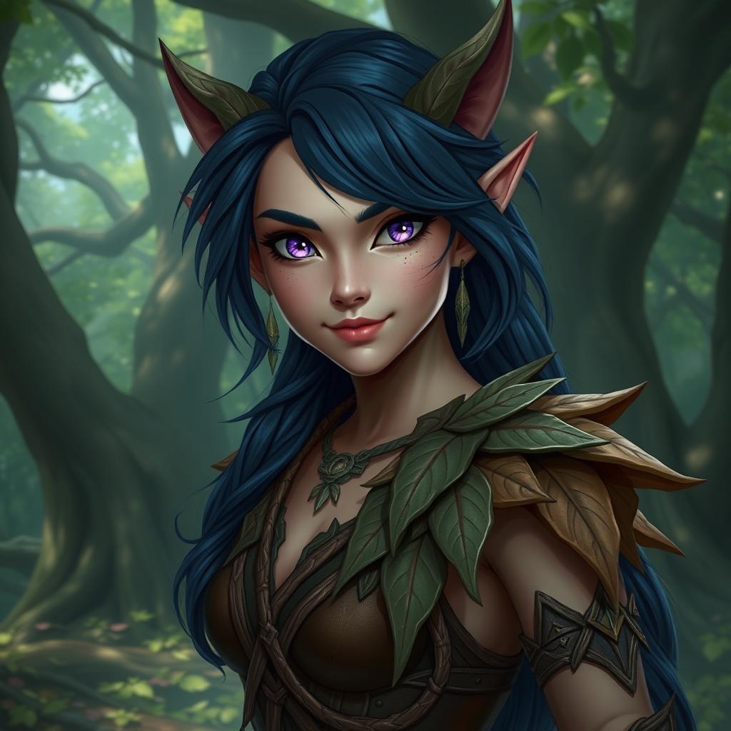 A female wood elf looking like a gloomstalker, featuring striking indigo hair and captivating purple eyes