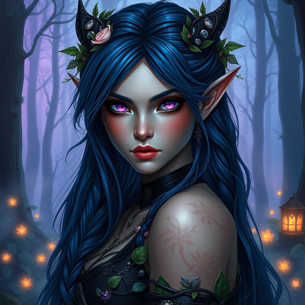 A stunning female wood elf gloomstalker with indigo hair cascading down her shoulders, adorned with intricate braids and natural elements