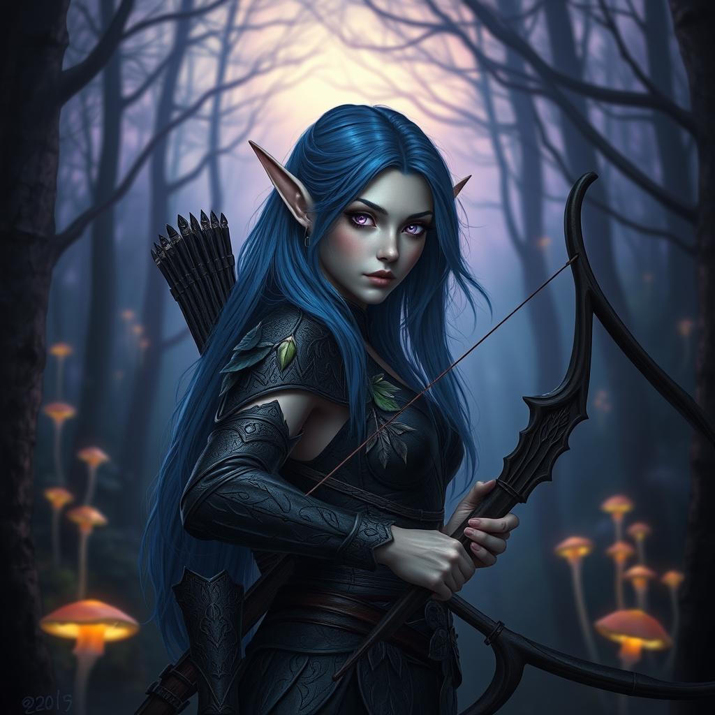 A female wood elf gloomstalker with striking indigo hair cascading down her back, her luminous purple eyes piercing through the forest shadows