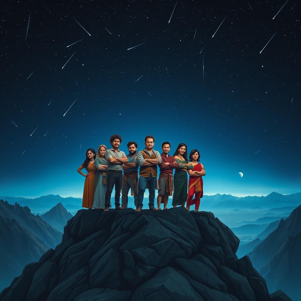 An inspiring scene of a diverse group of people standing boldly on a mountaintop under a vast, starry sky, symbolizing unity and resilience