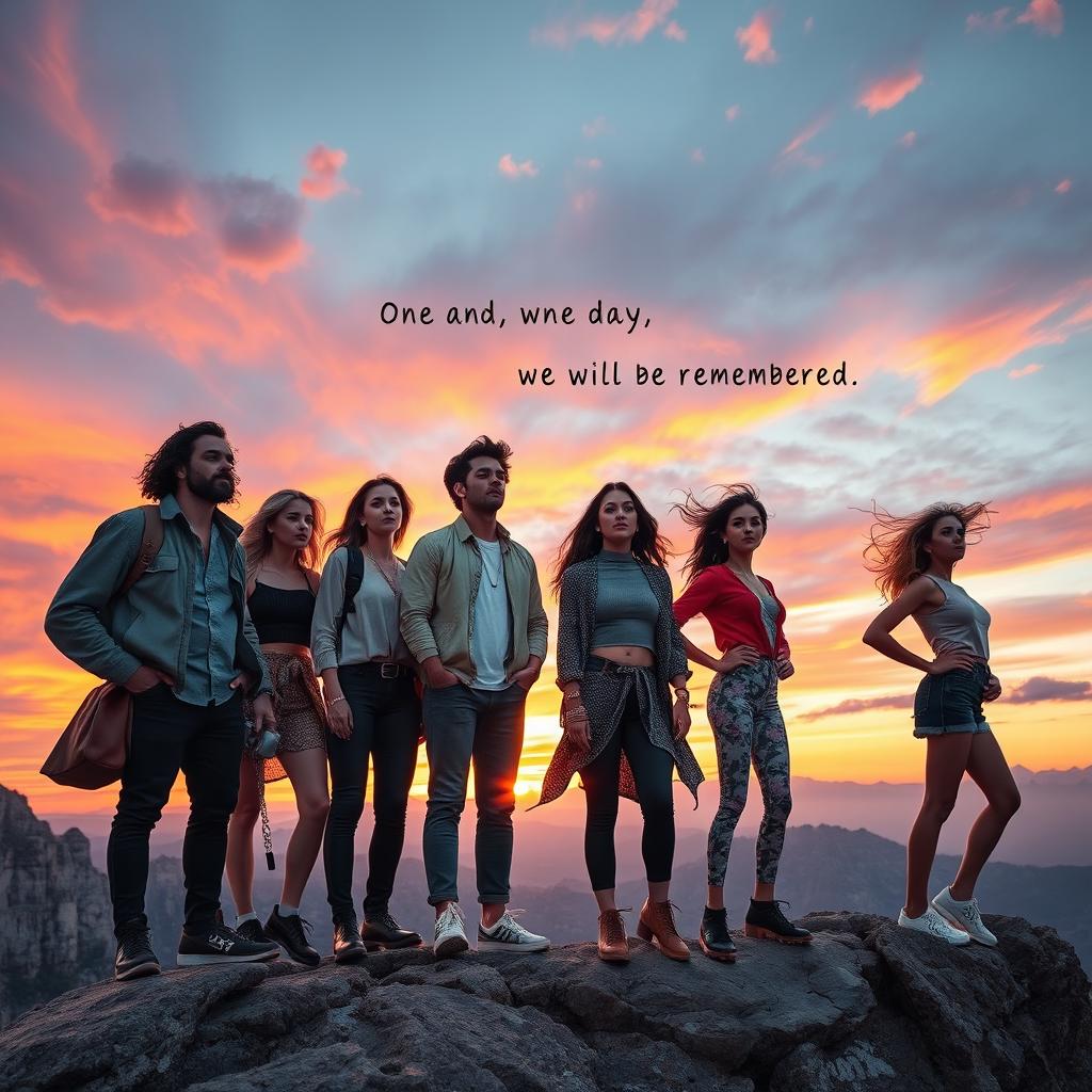 A powerful and dramatic scene depicting a group of diverse, strong individuals standing together on a mountaintop, looking ahead with determination