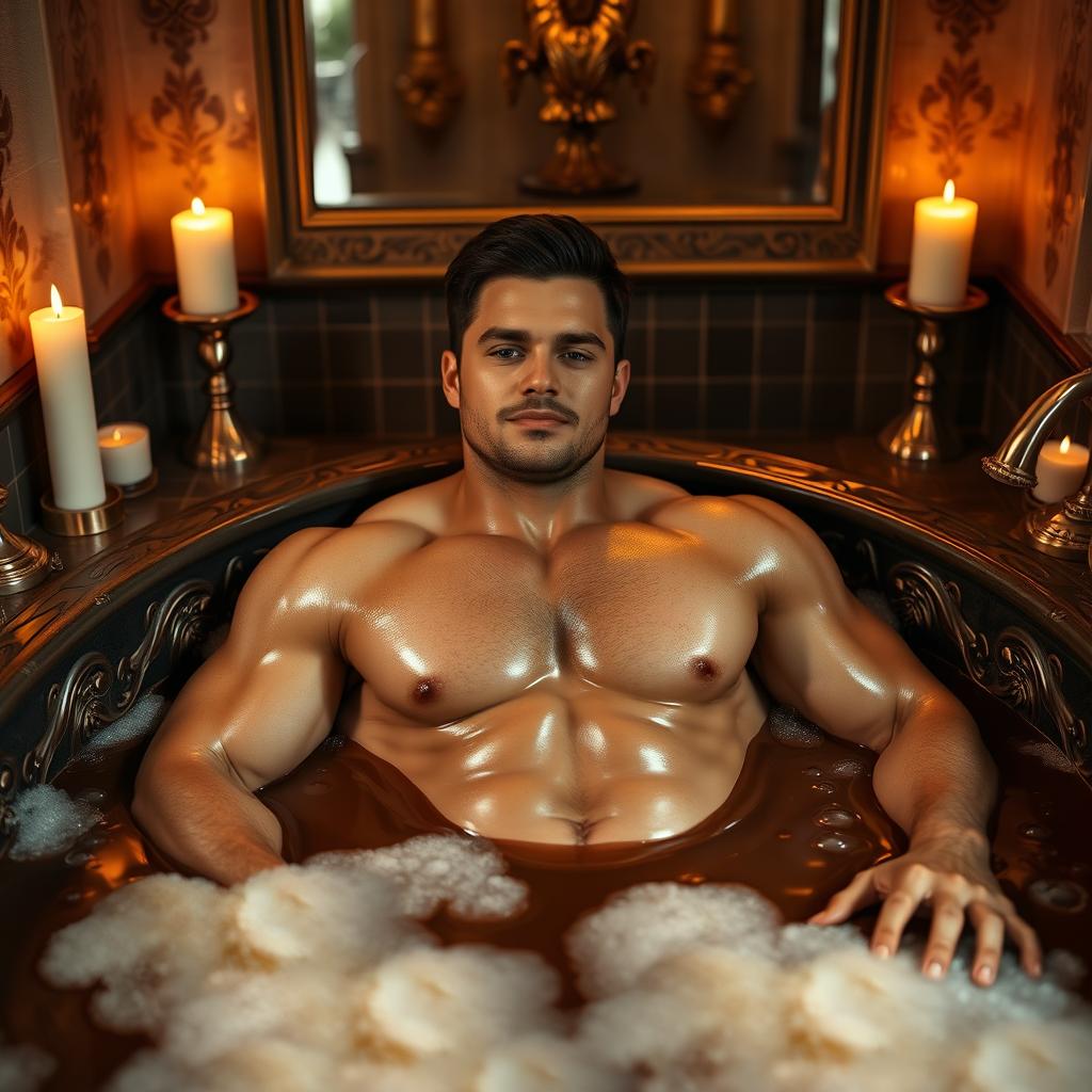 A muscular man relaxing in a lavish chocolate bath, showcasing his well-defined physique