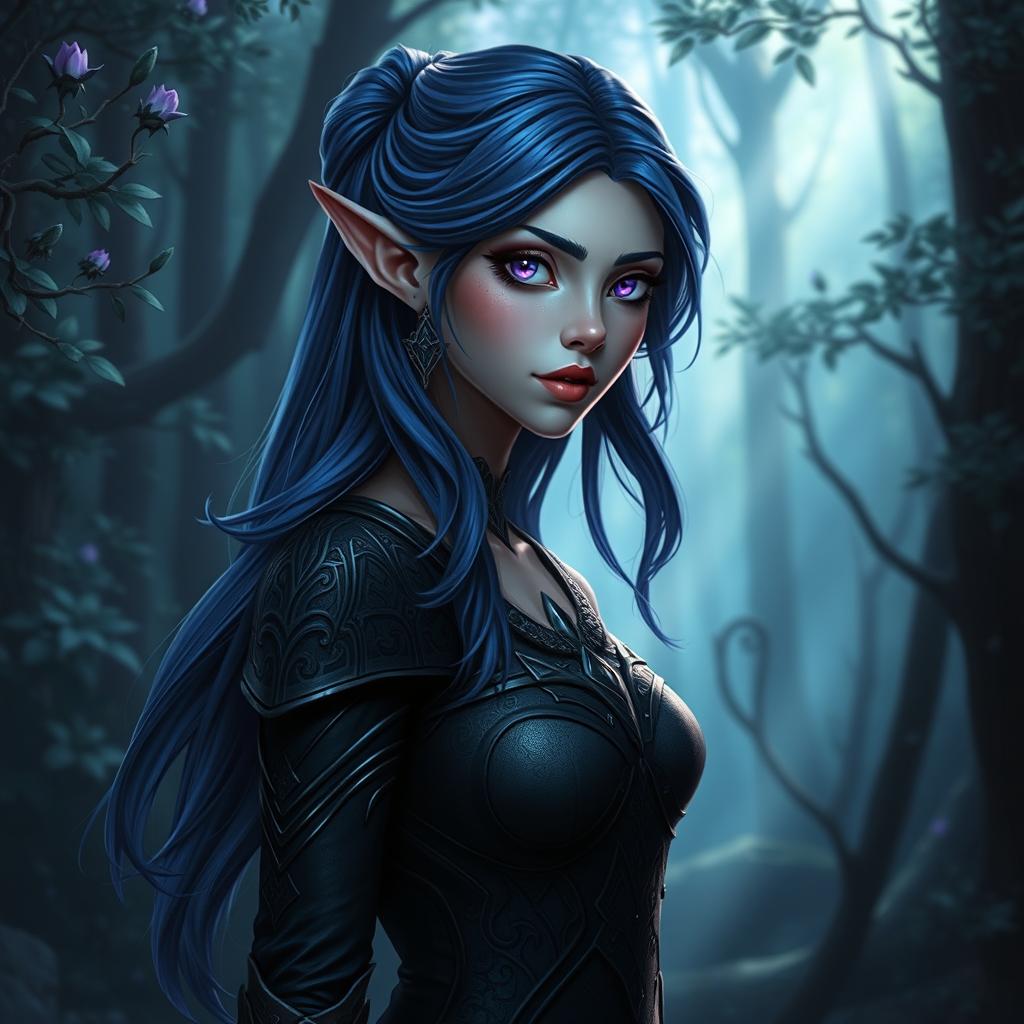 A female wood elf gloomstalker stands elegantly in a mystical forest