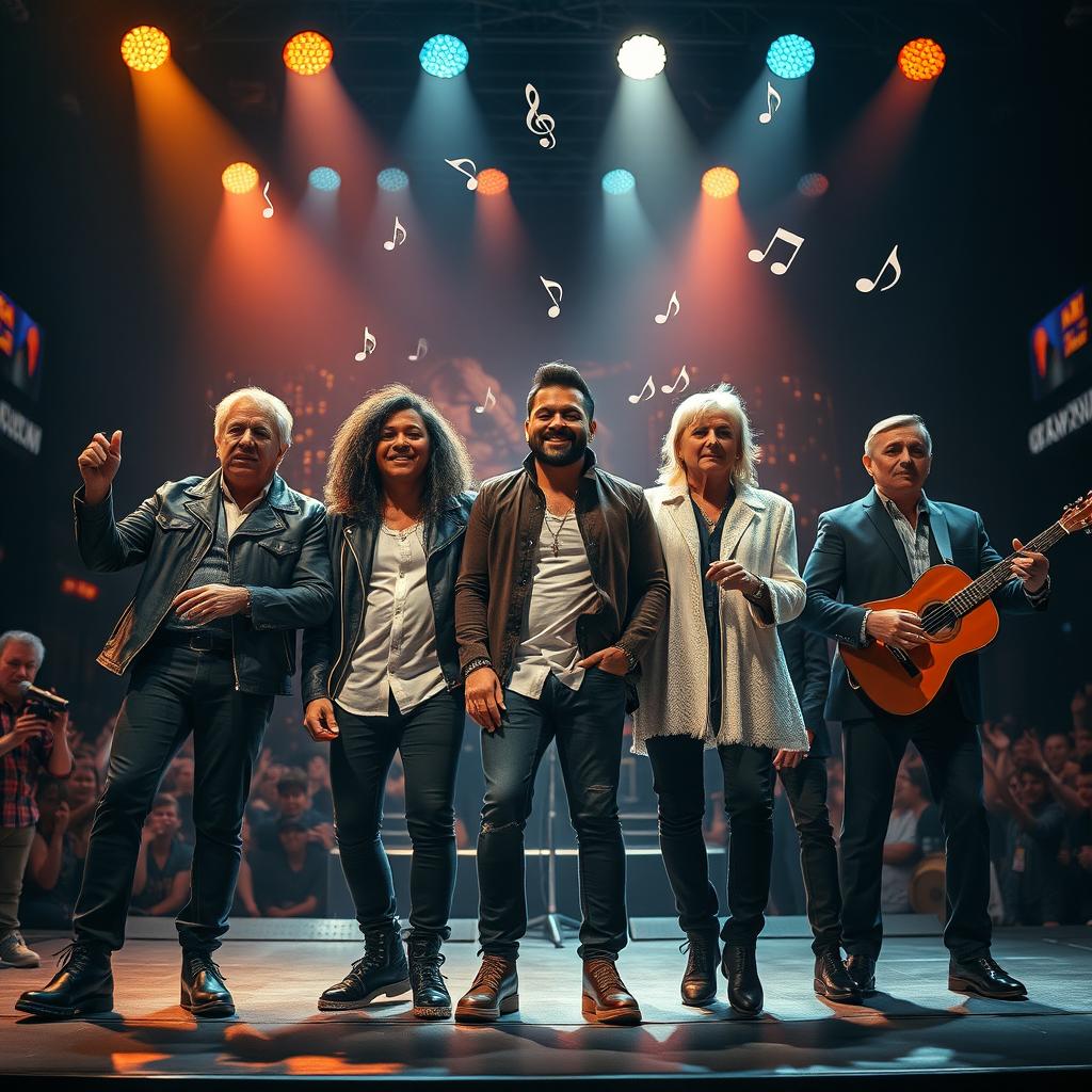 A powerful and emotional scene of a group of individuals, each representing a different era of music, standing together on a stage under dramatic lighting