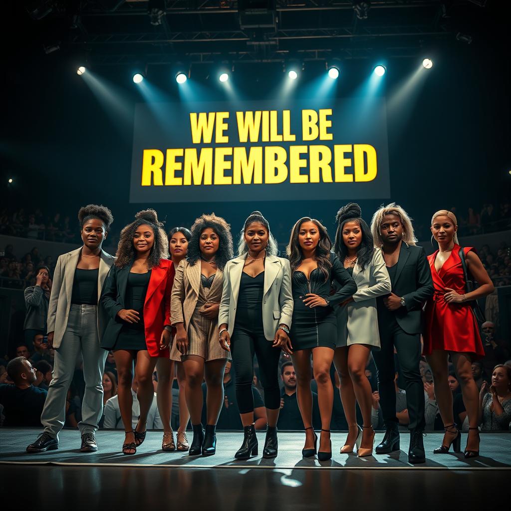 A powerful scene depicting a group of confident individuals standing together in solidarity on a grand stage, illuminated by dramatic lighting