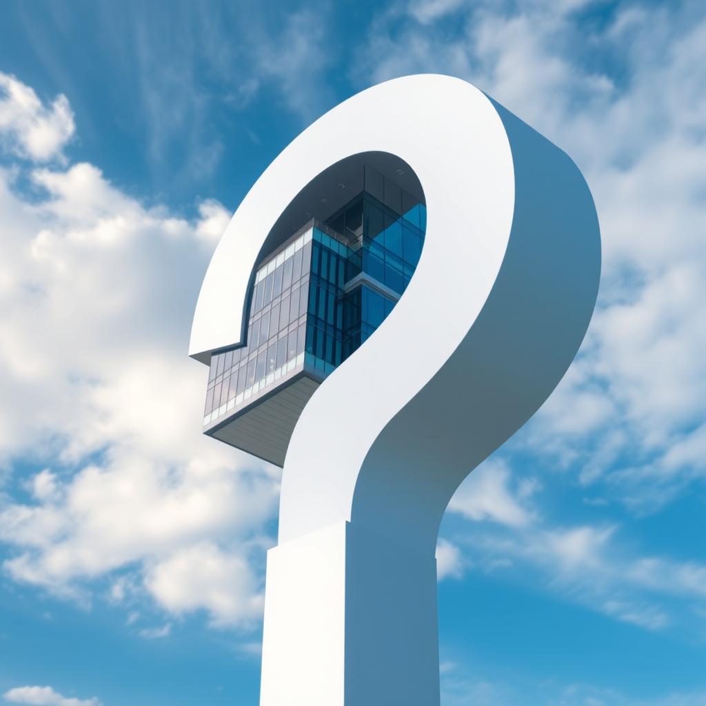 A large, visually striking question mark in the foreground with an intricately detailed image of a modern building seamlessly integrated into the back of the question mark