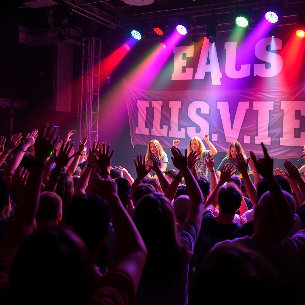 A vibrant and dynamic concert scene with a band performing passionately on stage, surrounded by an energetic crowd waving their hands in the air, illuminated by colorful stage lights