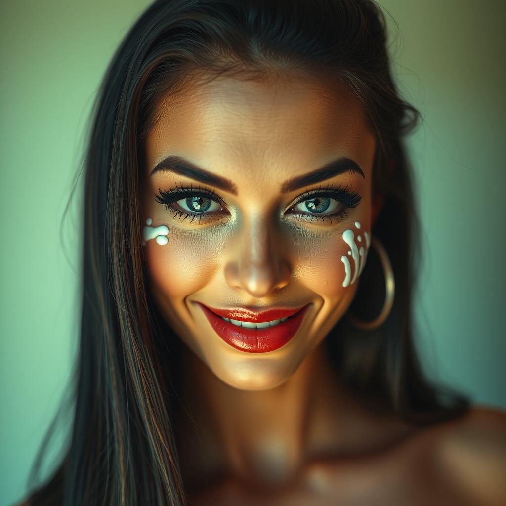 A close-up portrait of a confident woman with striking features and bold makeup, her skin glowing under soft lighting