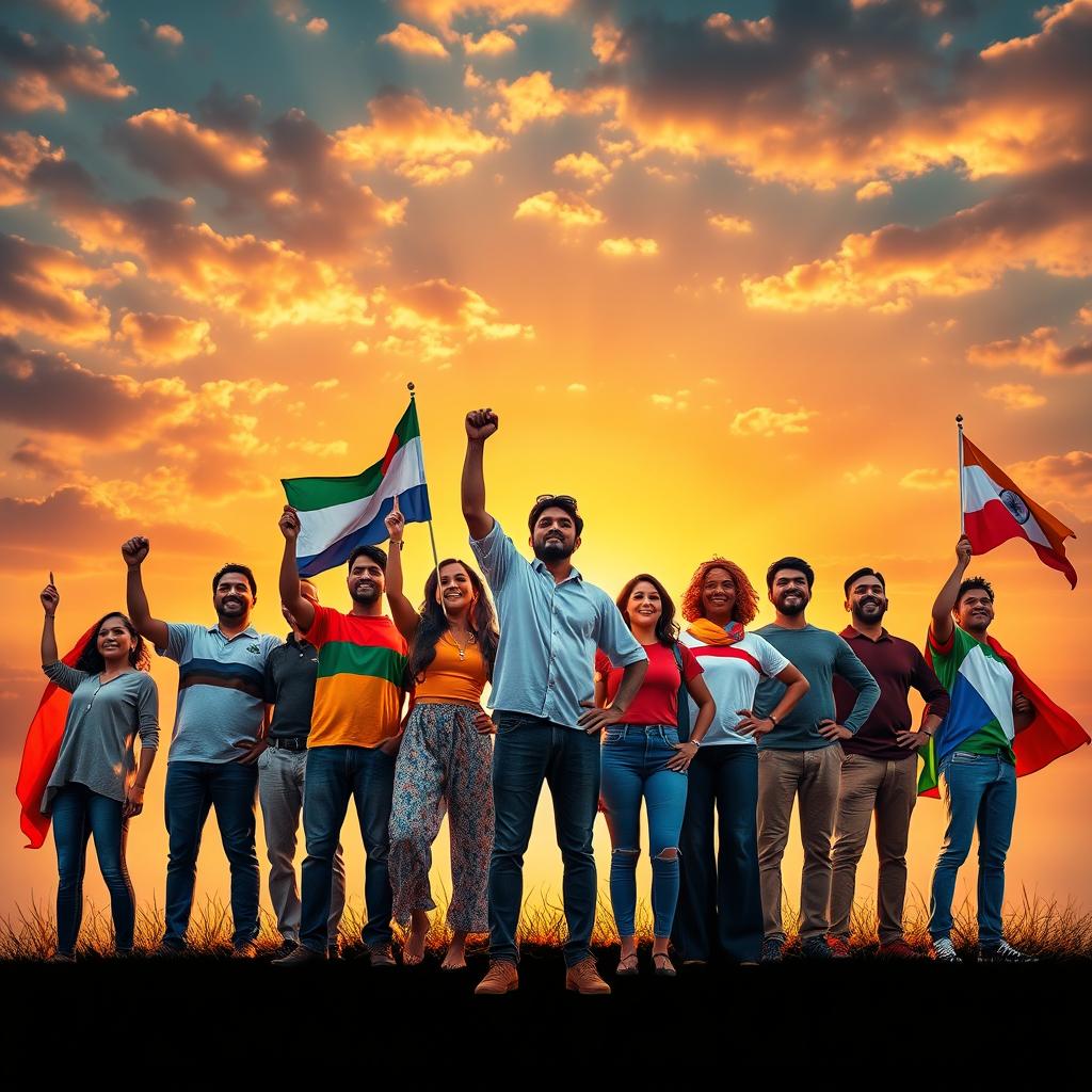 A powerful and inspiring scene depicting a group of diverse individuals standing strong together against a vibrant backdrop of a sunrise, symbolizing hope and resilience