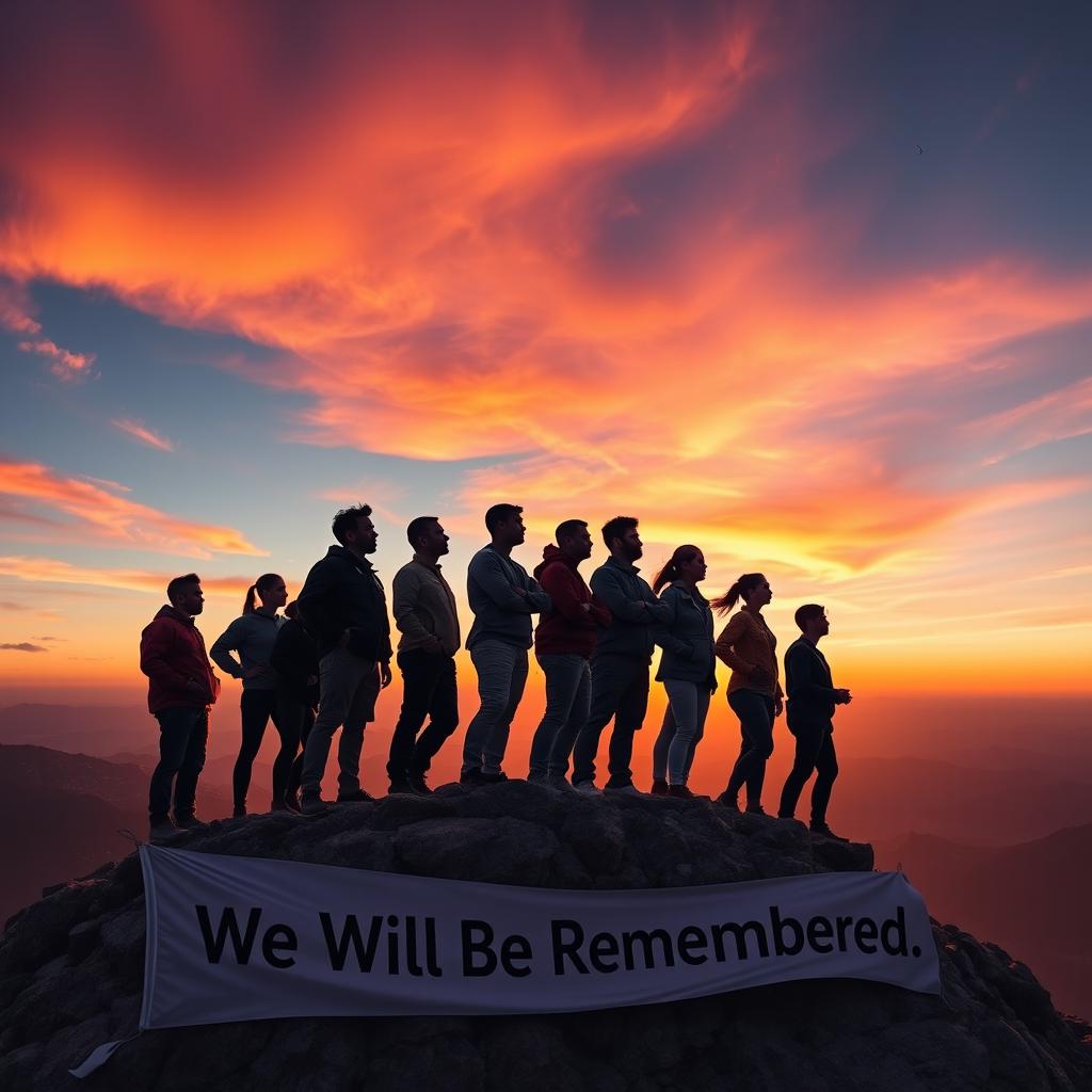 A powerful and inspiring scene depicting a group of diverse individuals representing different cultures and backgrounds standing boldly together on a mountain peak, overlooking a stunning sunset