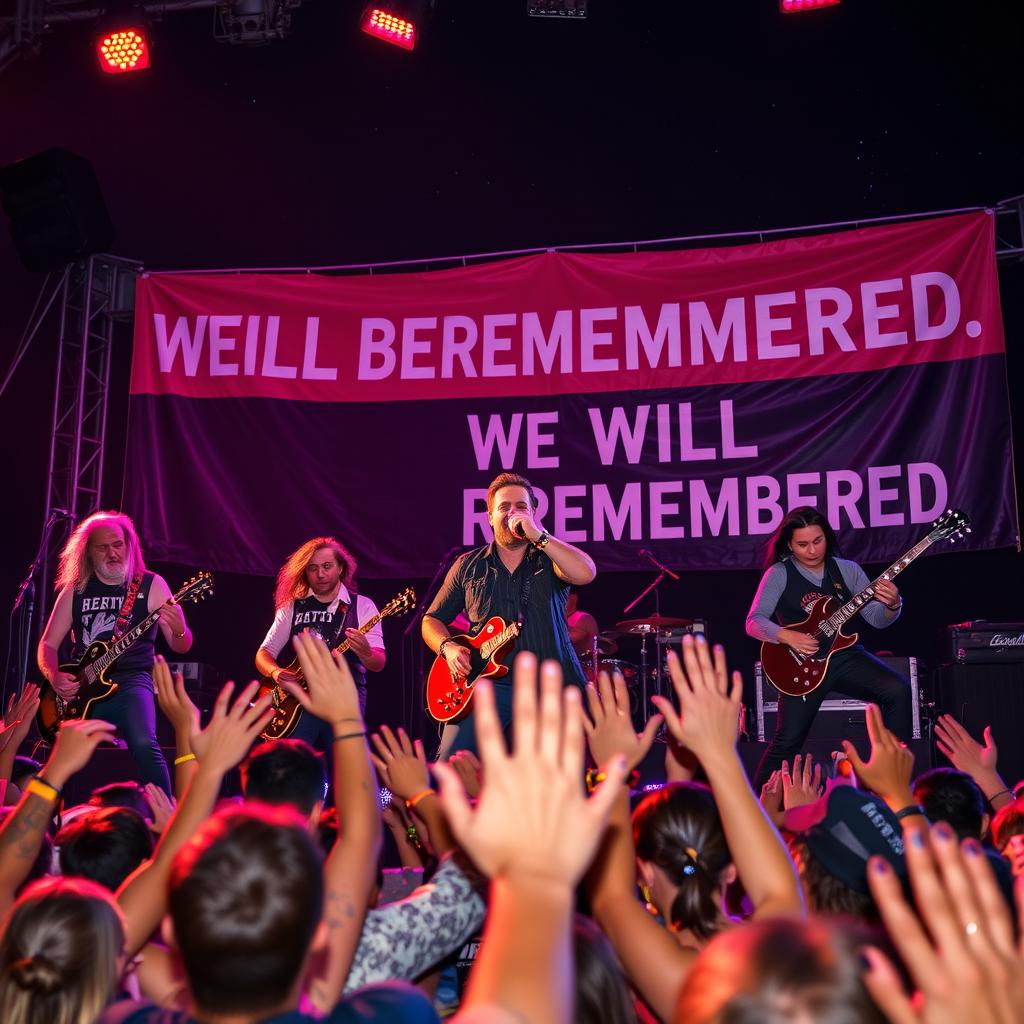 A powerful and dynamic scene portraying a group of diverse rock musicians performing passionately on stage, illuminated by vibrant colorful lights
