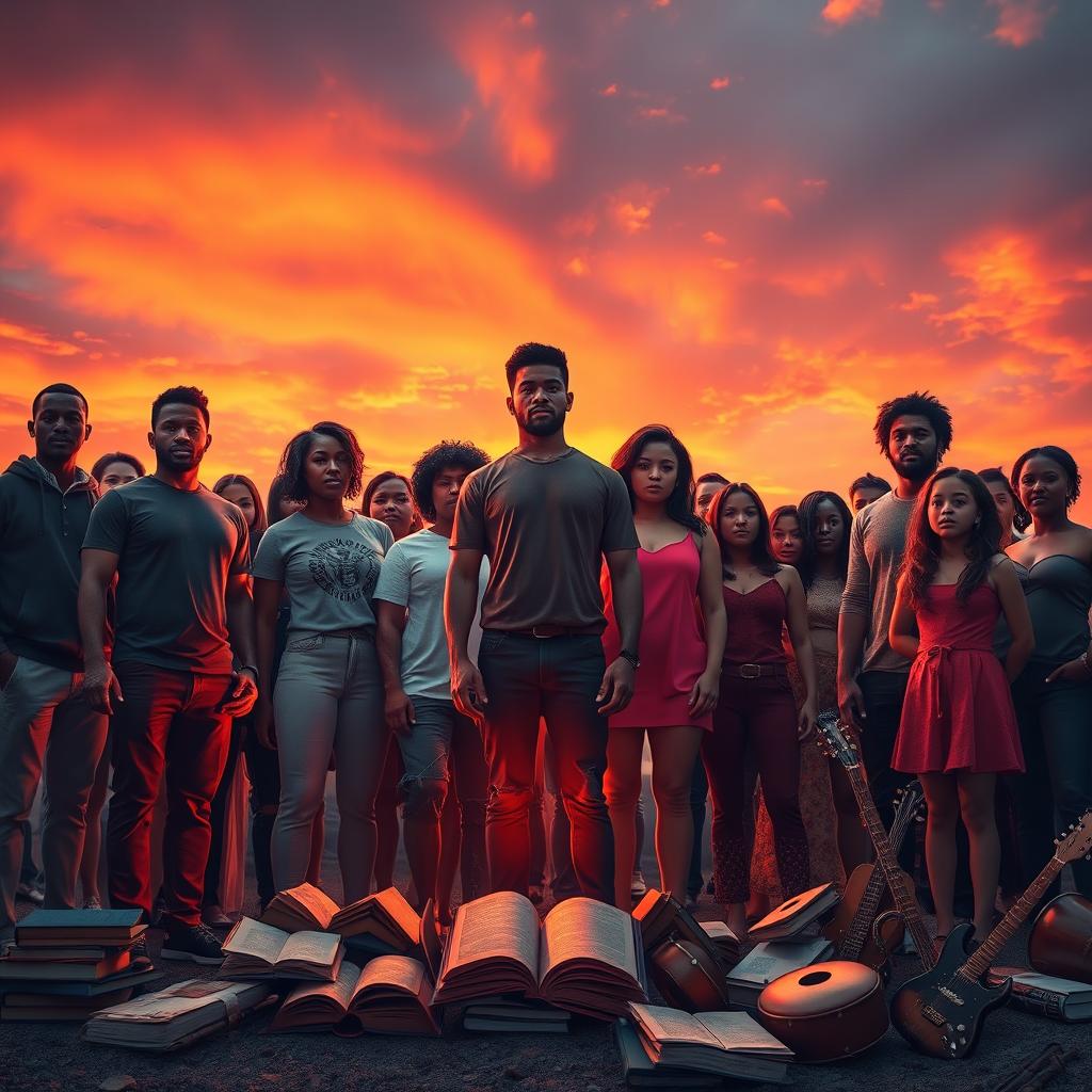 A powerful and captivating scene depicting a group of determined individuals standing strong against a backdrop of a vibrant sunset sky