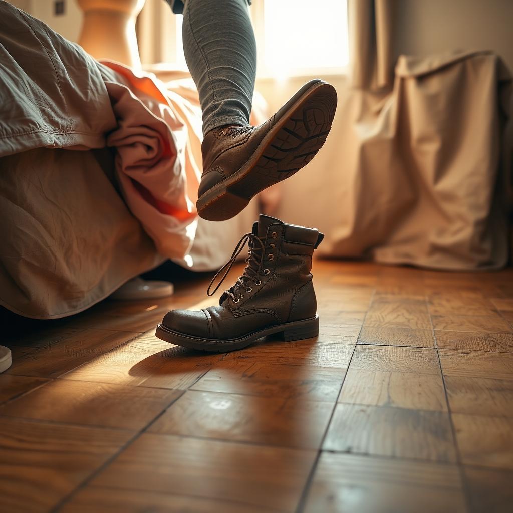 A close-up of a person's foot swinging out from a cozy, unmade bed towards a pair of heavy, rugged leather boots on a wooden floor