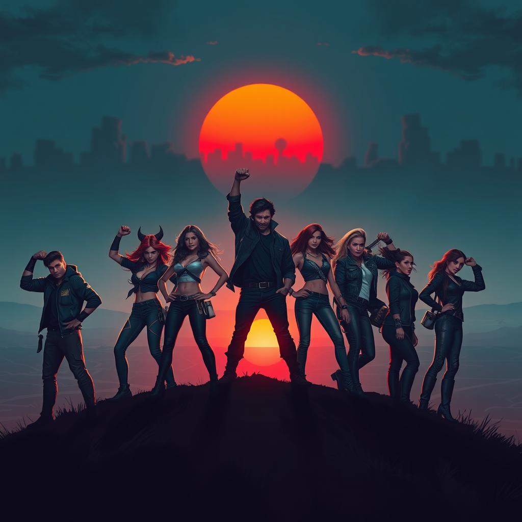 A powerful and dramatic scene depicting a group of confident, fierce individuals standing triumphantly atop a hill, looking down at a vast landscape, with a fiery sunset casting an orange and red glow across the sky
