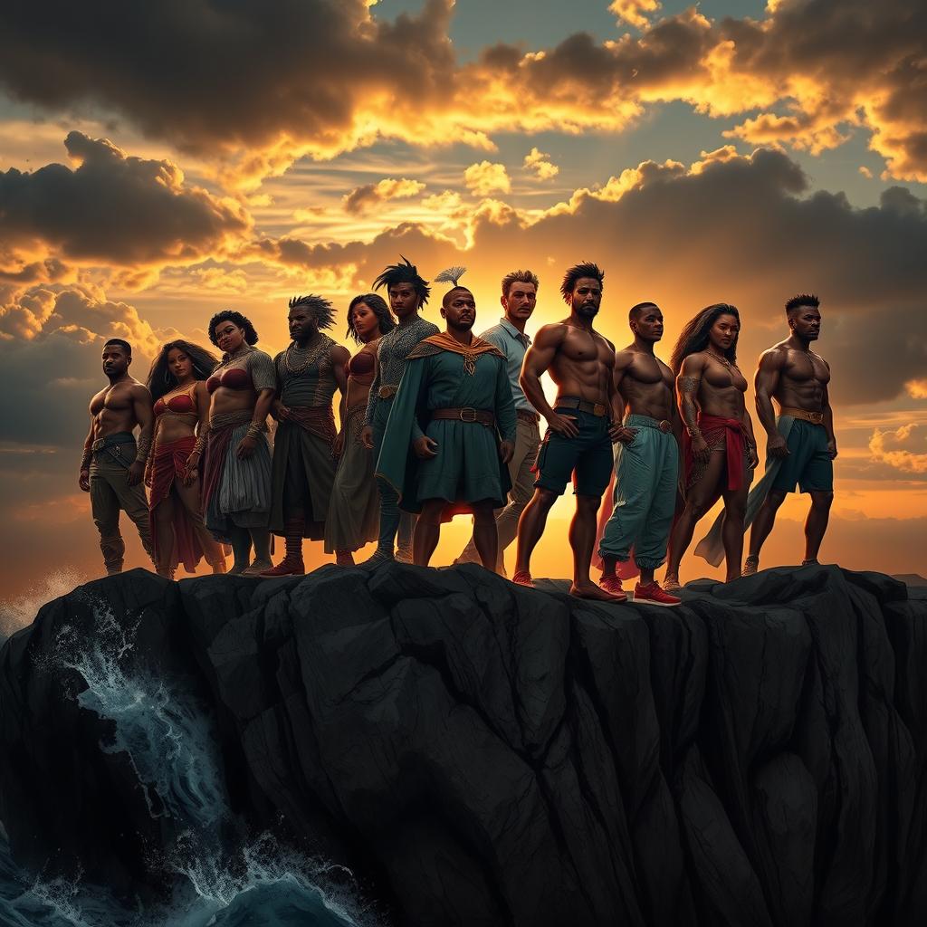 A dramatic and epic scene depicting a group of diverse, powerful characters standing confidently on a rugged cliff, looking into the distance as the sun sets behind them, casting a golden glow over the landscape
