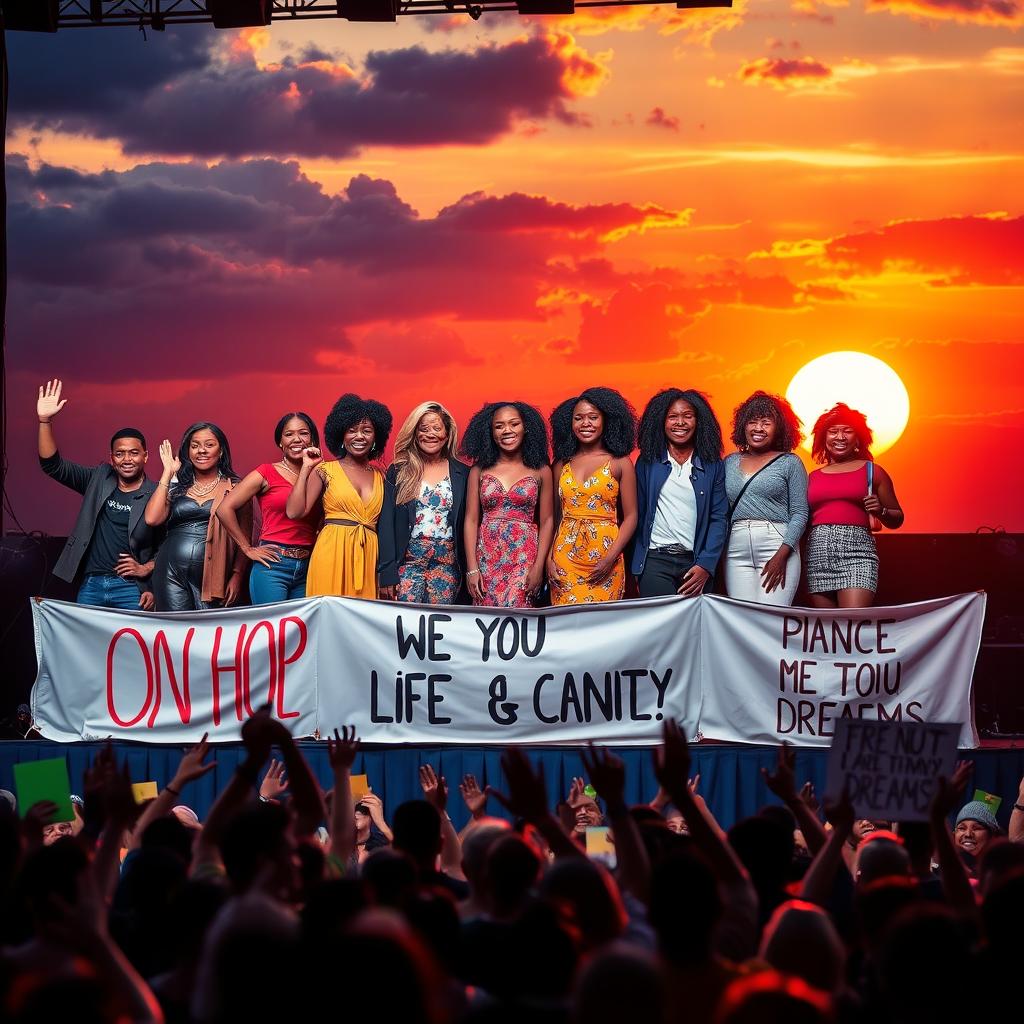 A powerful and inspirational scene depicting a group of diverse individuals standing confidently on a stage, united and proud, with a dramatic sunset in the background symbolizing hope and resilience