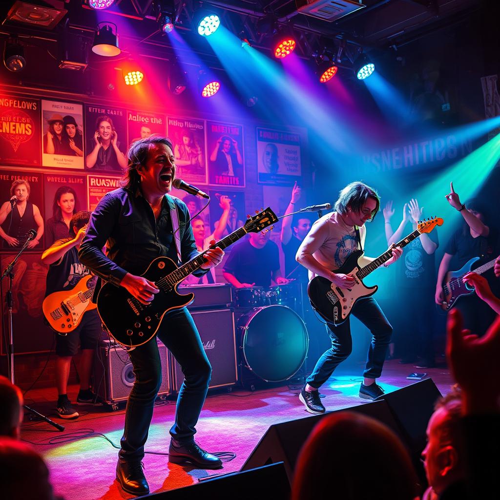 A vibrant and emotive scene depicting a powerful band of musicians performing passionately on stage, with intense lighting effects that create a dynamic atmosphere