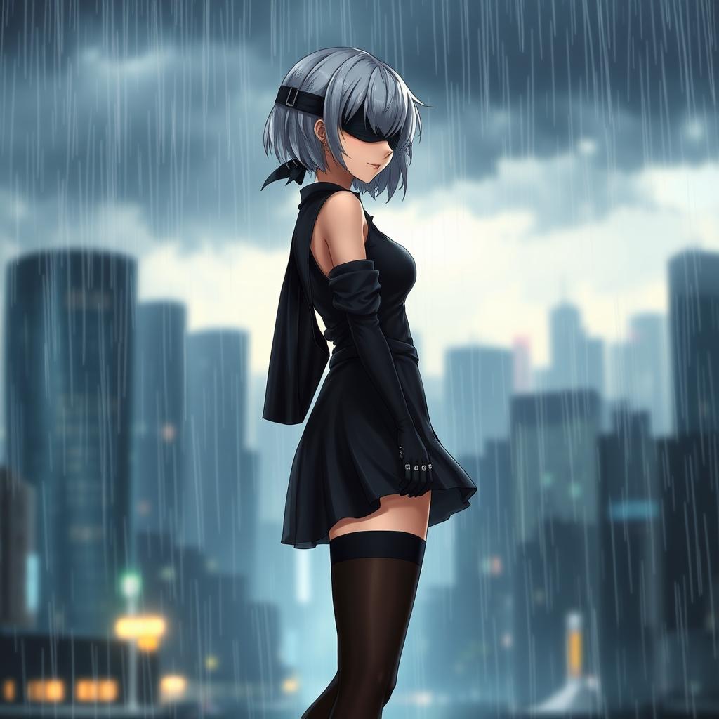 A detailed side view of 2B from Nier: Automata, standing confidently under heavy rain