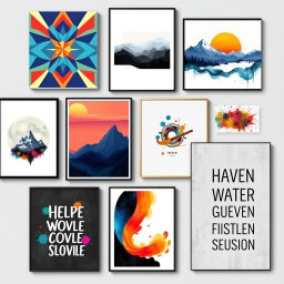 A collection of various wall art posters that showcase diverse artistic styles and themes