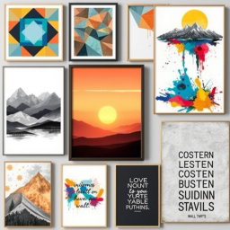 A collection of various wall art posters that showcase diverse artistic styles and themes