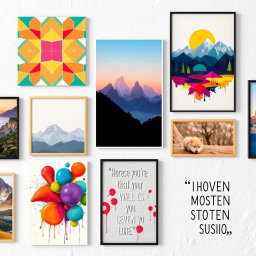 A collection of various wall art posters that showcase diverse artistic styles and themes