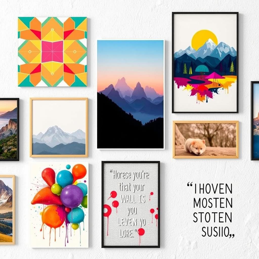 A collection of various wall art posters that showcase diverse artistic styles and themes