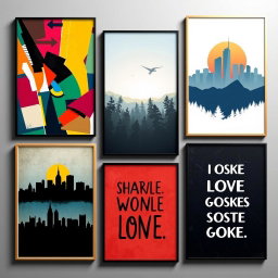 A vibrant and eclectic collection of wall art posters showcasing various themes and designs