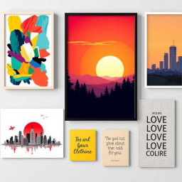 A vibrant and eclectic collection of wall art posters showcasing various themes and designs