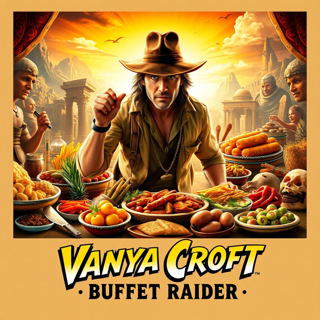 A movie poster for 'Vanya Croft: Buffet Raider', featuring a heroic character inspired by Indiana Jones, dressed in rugged adventure attire with a fedora hat, exploring a lavish, exaggerated buffet scene filled with treasure-like food items