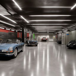 A billionaire's bungalow expansive garage showcasing a gleaming fleet of luxury and vintage cars. The garage features polished concrete floors, stainless steel cabinetry, state-of-the-art automotive equipment, and sleek lighting fixtures.