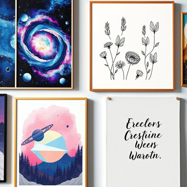 A captivating assortment of wall art posters that blend various artistic styles and themes
