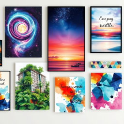 A visually stunning array of wall art posters featuring a mix of artistic styles and themes