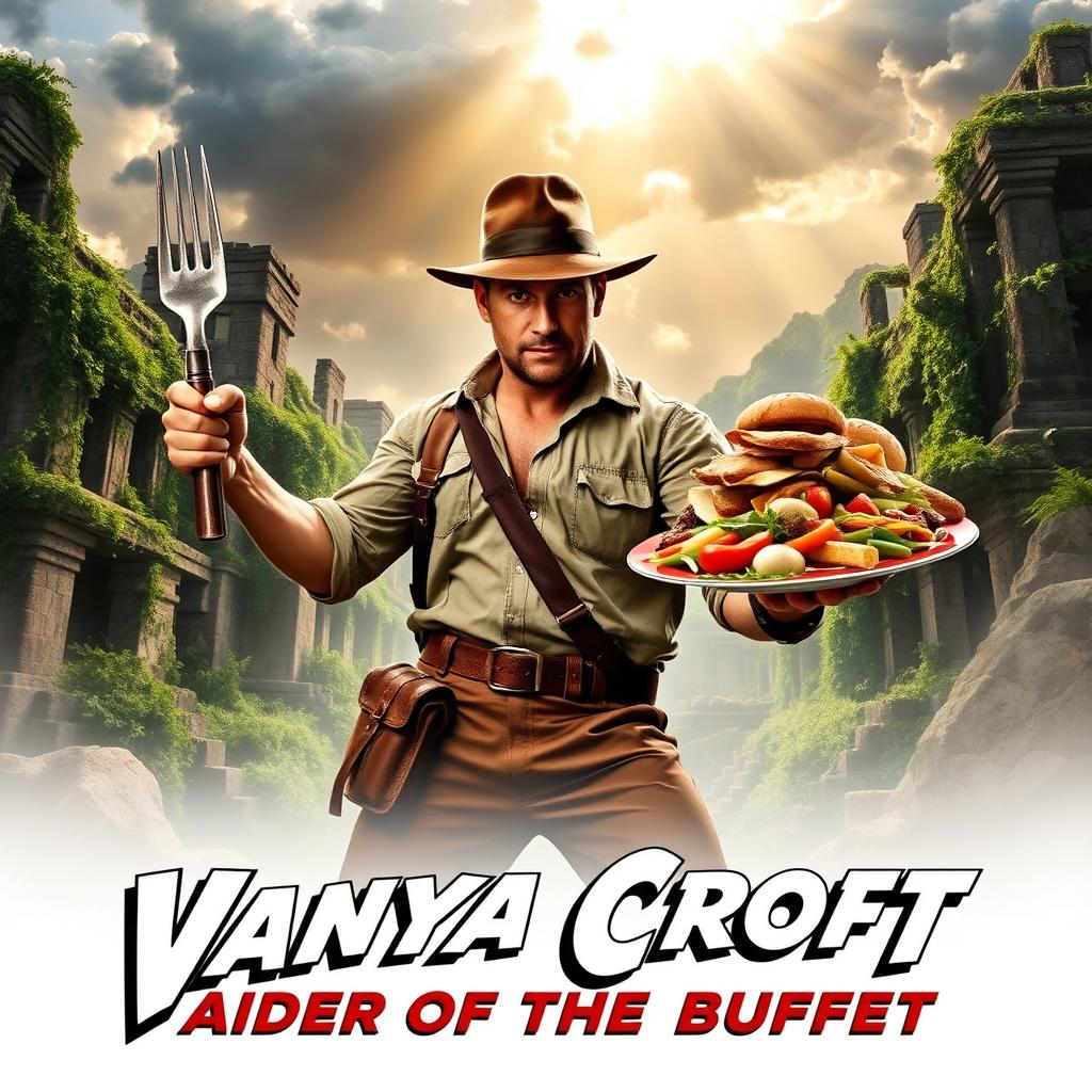 A thrilling movie poster for 'Vanya Croft: Raider of the Buffet', in a style reminiscent of classic Indiana Jones films
