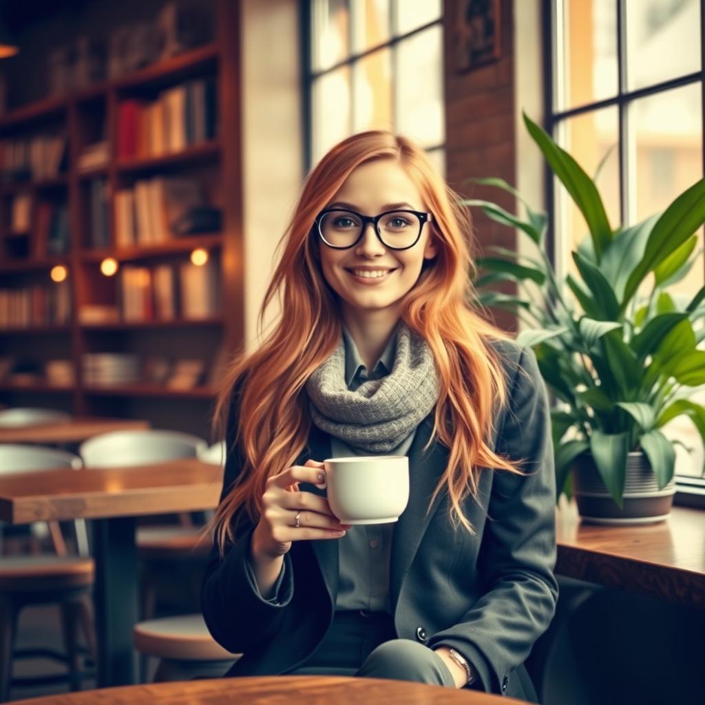 A stylish woman with long flowing red hair, wearing fashionable eyeglasses, sitting in a cozy modern cafe, with a soft smile on her face as she enjoys a warm cup of coffee