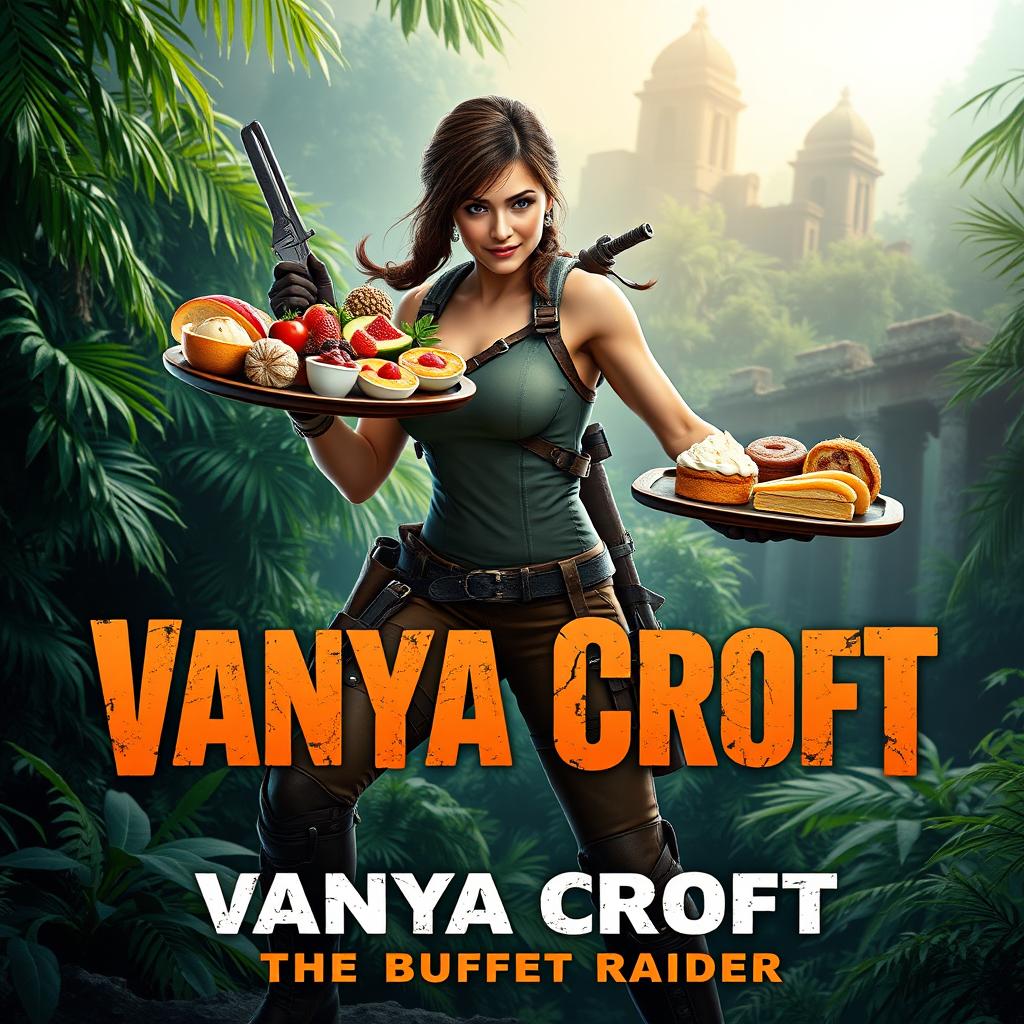 A movie poster for 'Vanya Croft: The Buffet Raider', featuring a strong, adventurous female character inspired by Lara Croft