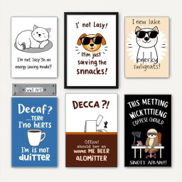 A humorous collection of wall art posters featuring funny quotes and whimsical illustrations