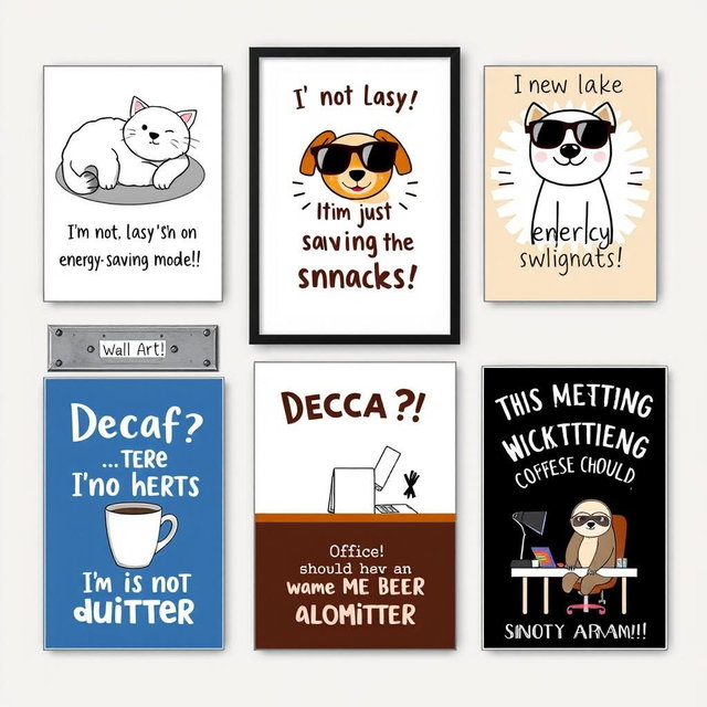 A humorous collection of wall art posters featuring funny quotes and whimsical illustrations
