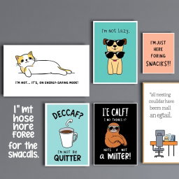 A humorous collection of wall art posters featuring funny quotes and whimsical illustrations