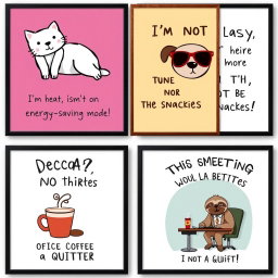 A humorous collection of wall art posters featuring funny quotes and whimsical illustrations