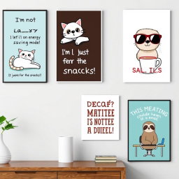 A humorous collection of wall art posters featuring funny quotes and whimsical illustrations