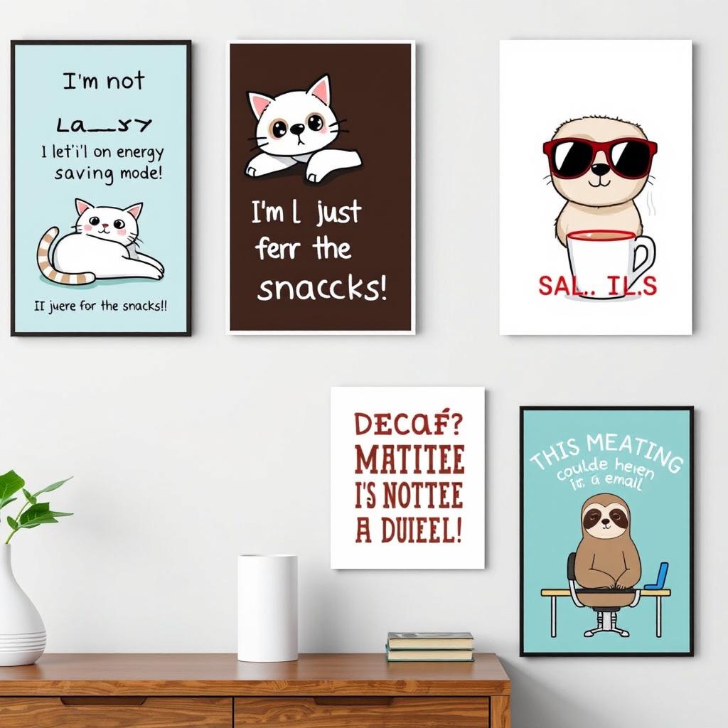 A humorous collection of wall art posters featuring funny quotes and whimsical illustrations