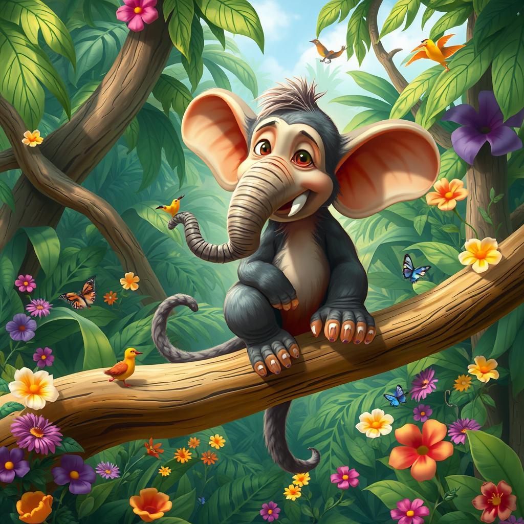 A whimsical and imaginative creature that is a hybrid of a monkey and an elephant