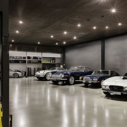 A billionaire's bungalow expansive garage showcasing a gleaming fleet of luxury and vintage cars. The garage features polished concrete floors, stainless steel cabinetry, state-of-the-art automotive equipment, and sleek lighting fixtures.