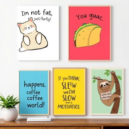 A vibrant collection of funny wall art posters designed to bring humor into any space