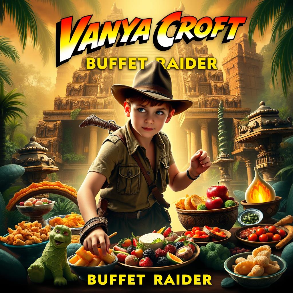 A movie poster for an adventurous film titled 'Vanya Croft: Buffet Raider', featuring a daring young hero resembling an archaeologist in a rugged outfit, complete with a hat and whip, exploring a lavish buffet filled with exotic foods and treasures