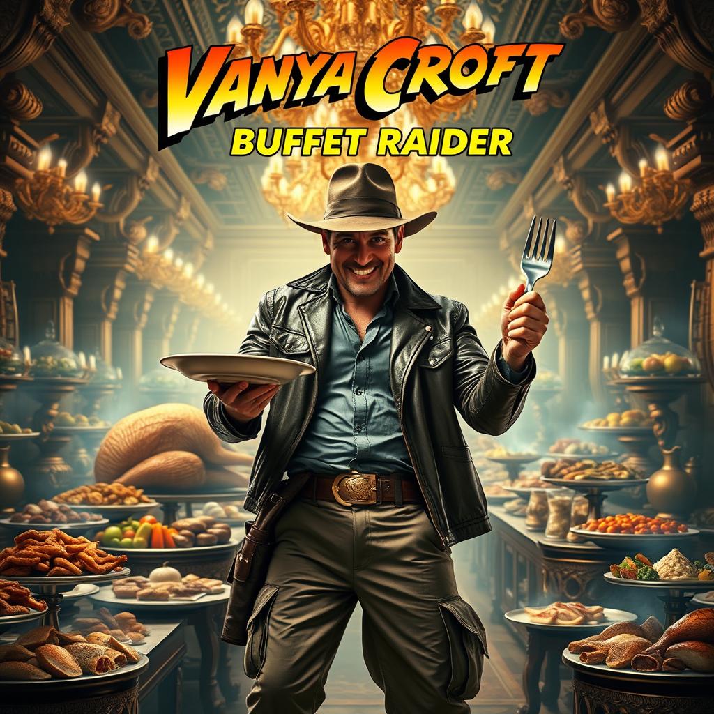 A movie poster for a fictional film titled 'Vanya Croft: Buffet Raider', featuring an adventurous character resembling a mix of an archaeologist and a buffet enthusiast