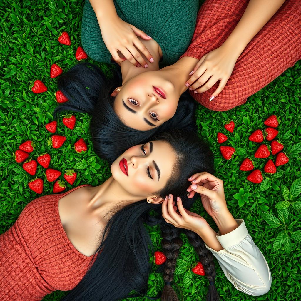 A top-down view of two women lying on a vibrant green grass surface, surrounded by bright, juicy strawberries that appear fresh and vivid