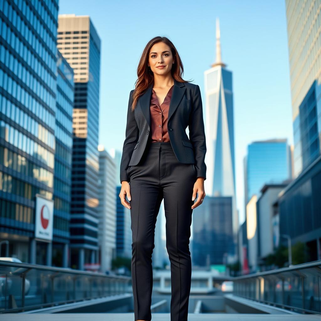 A confident businesswoman in a modern urban setting