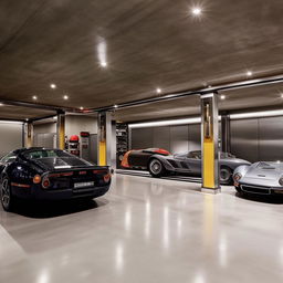 A billionaire's bungalow expansive garage showcasing a gleaming fleet of luxury and vintage cars. The garage features polished concrete floors, stainless steel cabinetry, state-of-the-art automotive equipment, and sleek lighting fixtures.